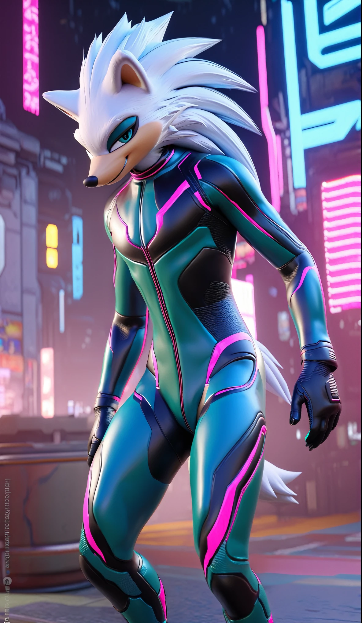 (((masterpiece:1.5))), a ((detailed)) full body high quality in game 3d rendered image ((by SEGA)) of A solo male anthro ((silver—white hedgehog)), with glowing blue eyes, ((metallic blue eyeliner)), (((tan muzzle))), wearing a (((sci-fi bodysuit))) stands in a neon-lit cyberpunk city The android's bodysuit is adorned with (((teal coloring:1.5))) with (((black and neon pink accents:1.5))), and intricate android seams, creating a futuristic look. the android has a seductive smirk on his face, ((unreal engine)), ((realistic fur))