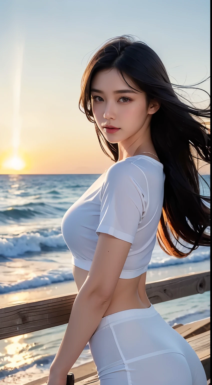 (logo、masterpiece、8k、Tabletop、RAW Photos、wonderful、最high quality、Photorealistic and Very detailed CG integrated 8k wallpaper、high quality、Very detailed、Narrative poem、Particle Effects、Dynamic Effects、Written boundary depth、Cinematic Light、Lens flare、Ray Tracing)、Fantasy、 (One beautiful woman、White pants、White T-shirt、White tube top、White crop top、Black-haired、Beautiful Face、True Face、Beautiful details、eye、Beautiful Skin、Ultimate Body、glamorous)、私の髪はWindに舞う、Hair flutters in Wind、Hair bounces、Seaside、wonderful景色、Coastal、sunrise、Sun in the background、Wind、Beach