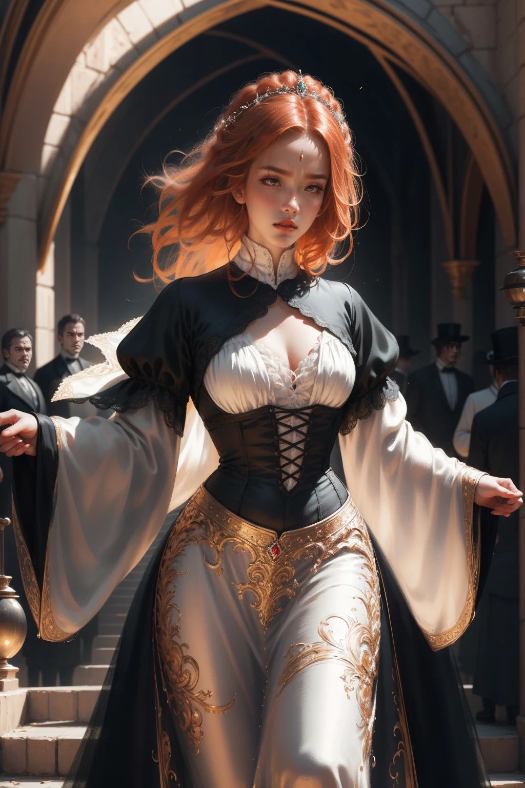 { - anatomy error} (Masterpiece - Ultra-detailed, very high resolution) Prepare to be enchanted by a true masterpiece that combines ultra-detailed art with high-resolution rendering. This work depicts a mesmerizing woman with very long redhead hair (1.3) and captivating gray-green eyes (1.2), emanating an aura of elegance and mystery in Victorian settings. The intricate details and realistic textures invite you to explore every aspect of this enchanting composition. Woman wearing beautiful classic Victorian costume from the year 1878. Red lips. Happy face. Smiling. white (white) dress. Walking, backwards, looking back, dynamic poses. Get ready to dive into a world where beauty and craftsmanship merge perfectly.