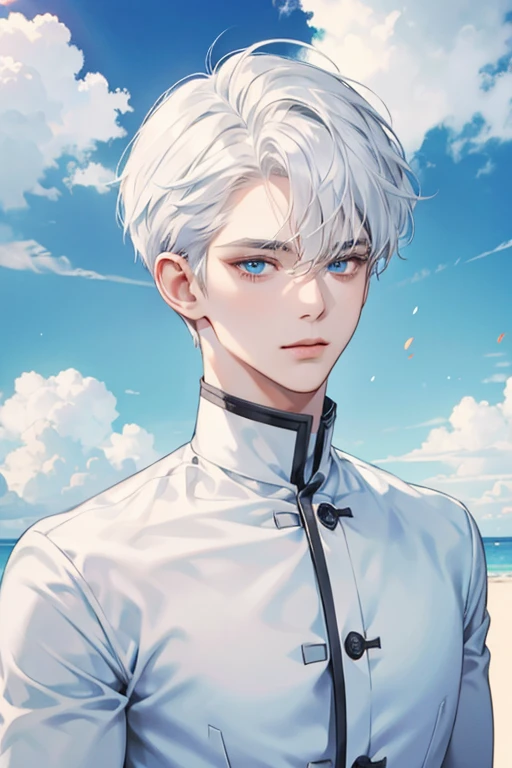 1 men, short White hair, beautiful face, defined body, sky blue eyes