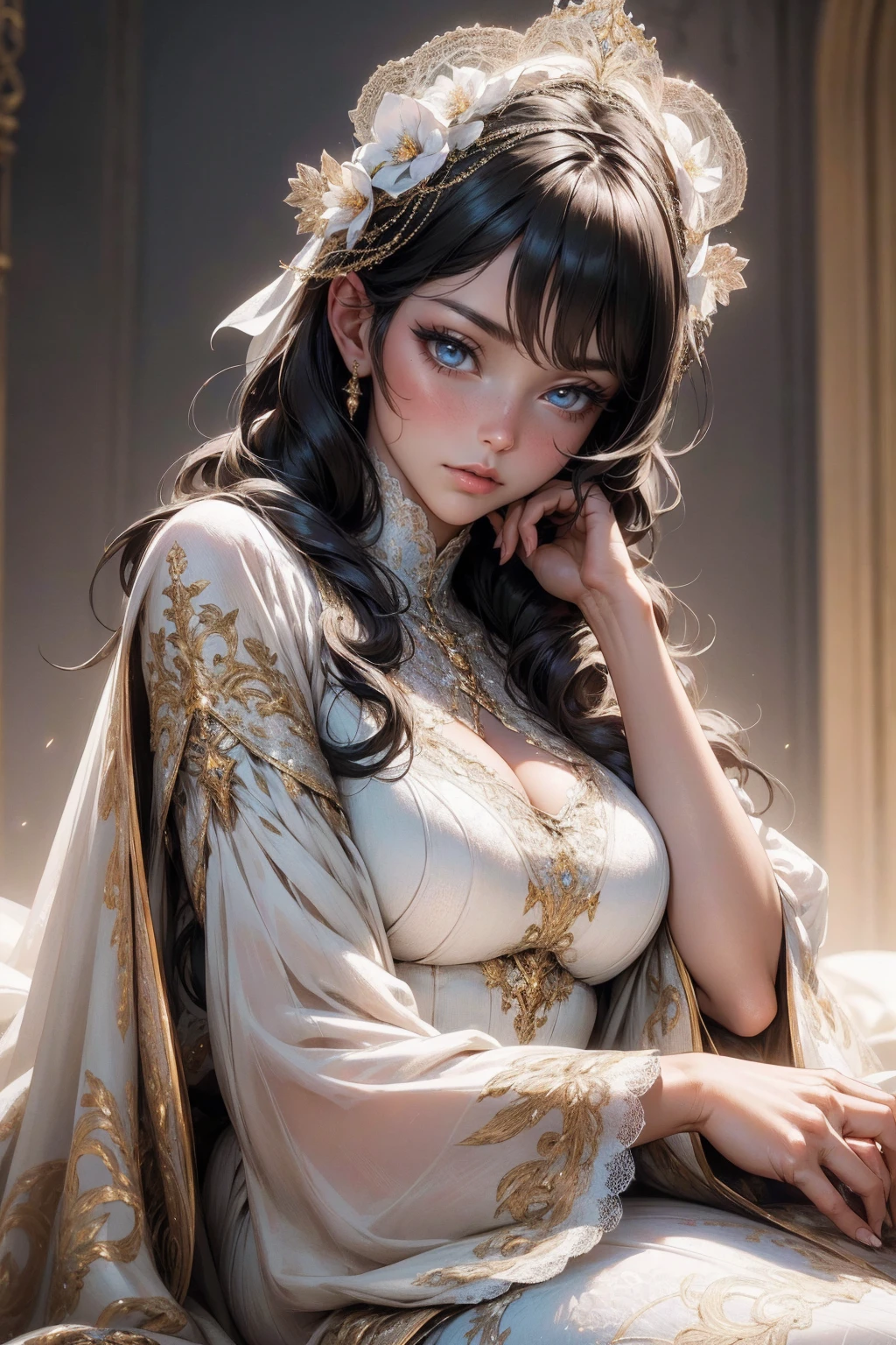 {-erro_de_anatomia:1.0}(best quality,4k,8k,highres,masterpiece:1.2), ultra-detailed, (realistic,photorealistic,photo-realistic:1.37), mature milf, illyasviel von einzbern, black hair, upper body, vibrant colors, glowing skin, mesmerizing eyes, brown eyes, elegant pose, enchanting background, delicate lace dress, surreal lighting, ethereal atmosphere, mystical aura, intricate details, artistic medium, digital illustration, fantasy, anime, sitting on the floor, backwards, looking back