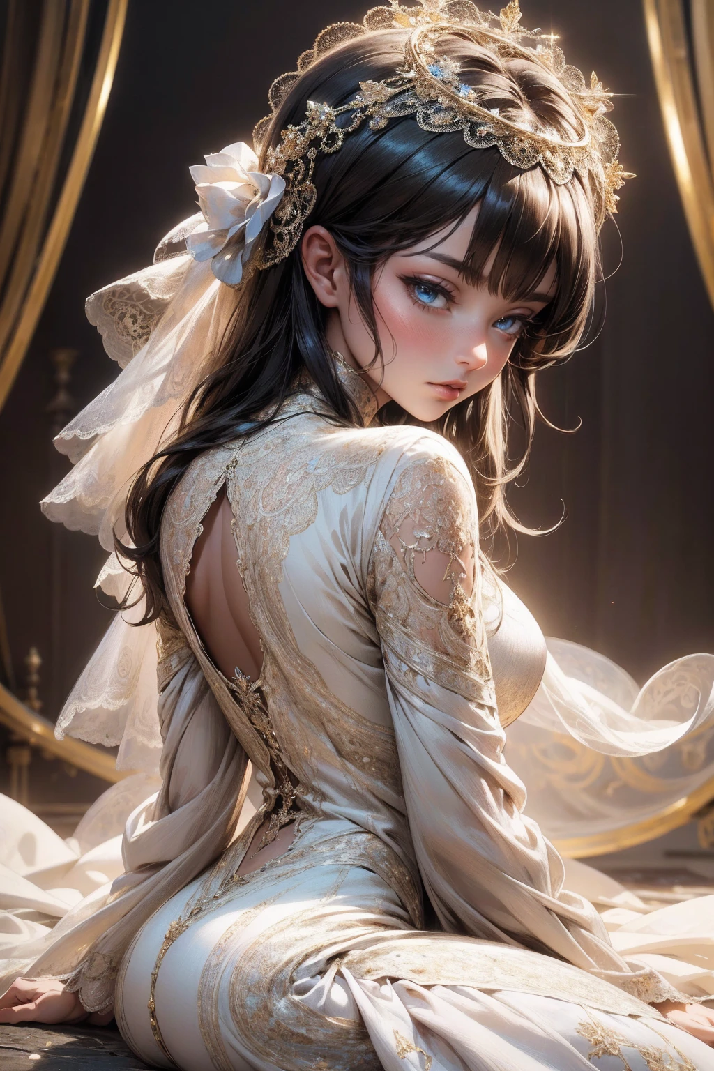 {-erro_de_anatomia:1.0}(best quality,4k,8k,highres,masterpiece:1.2), ultra-detailed, (realistic,photorealistic,photo-realistic:1.37), mature milf, illyasviel von einzbern, black hair, upper body, vibrant colors, glowing skin, mesmerizing eyes, brown eyes, elegant pose, enchanting background, delicate lace dress, surreal lighting, ethereal atmosphere, mystical aura, intricate details, artistic medium, digital illustration, fantasy, anime, sitting on the floor, backwards, looking back