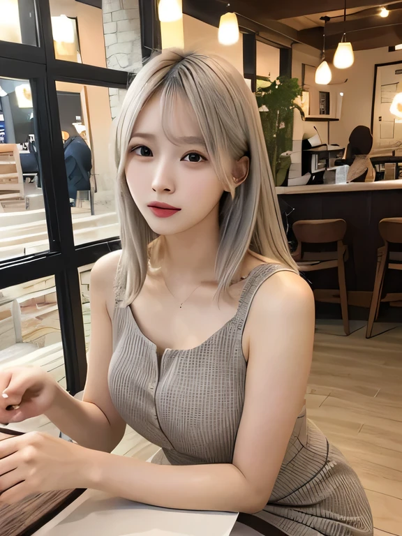Fine and beautiful eyes, Natural Lip,dress,Japanese,1 person,Silver Hair,Silver Hair,Long Hair,Concept Cafe,Calm interior