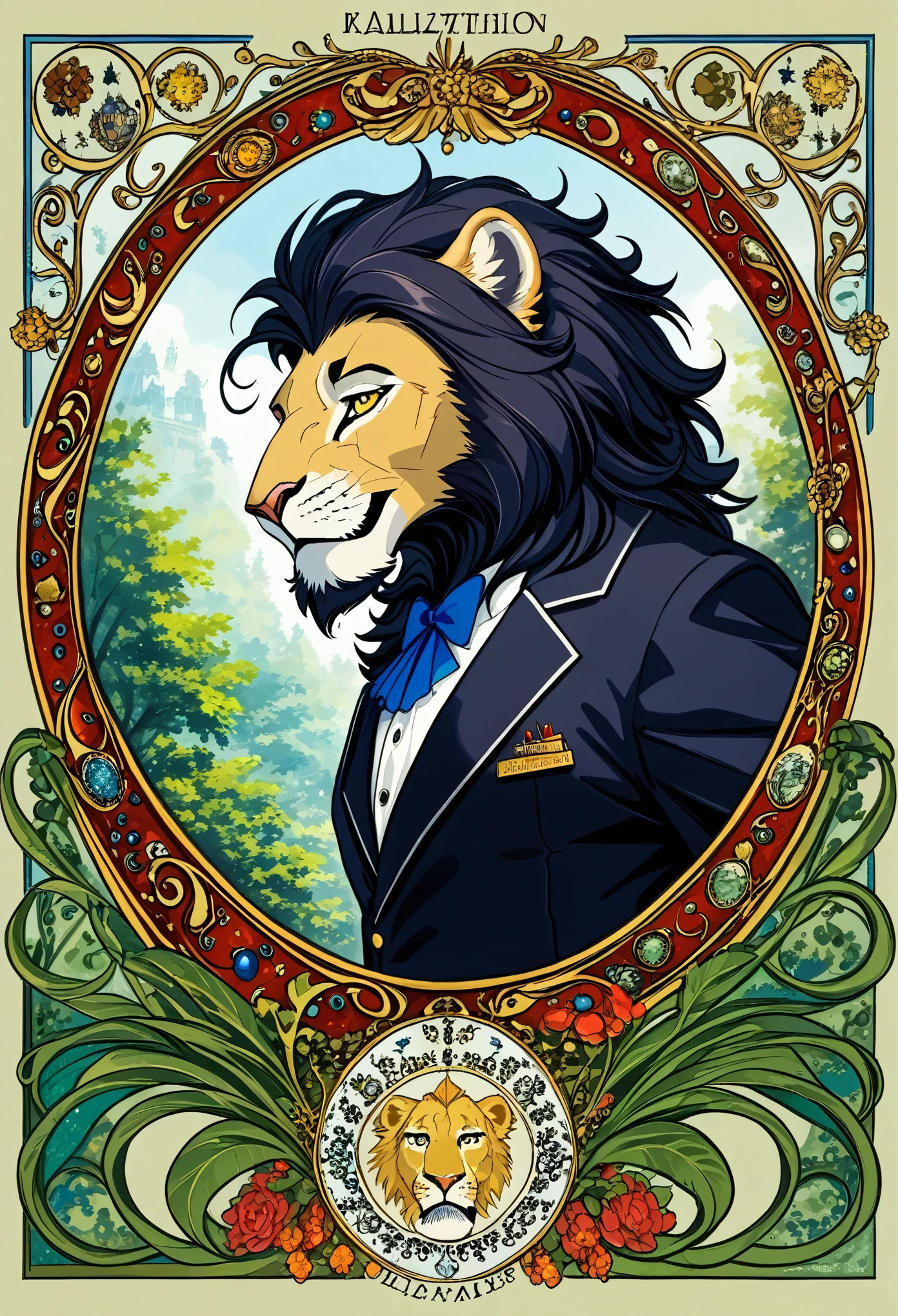 Top quality ultra-fine illustrations, by Alphonse Mucha,art nouveau, Delicate and elegant linework, Curvilinear lines, Decoration with plant motifs, Geometric decoration, Poetic atmosphere, Rich colors, Dreamy, mystical, Tarot Card(In the forest where the stream flows, Backlighting)(beautiful face and eyes with great detail)absurdres perfect anatomy((Beast man))(Furry, Solo focus, tuxedo)(furry anthro:1.7)(((furry body, Facial features of lion, Features of the lion body)))(((muzzle of the lion very detailed fur)))All over body, Smile (portrait),