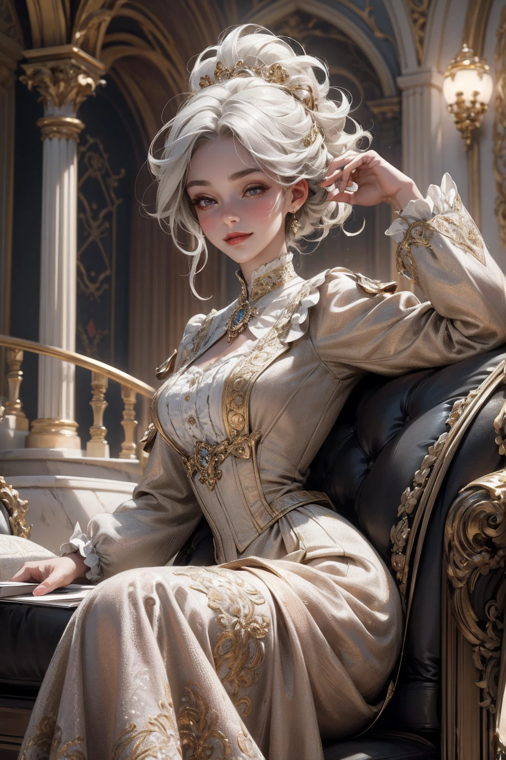 { - anatomy error}(Masterpiece - Ultra-detailed, very high resolution) Prepare to be enchanted by a true masterpiece that combines ultra-detailed art with high-resolution rendering. This work depicts a mesmerizing woman with short white hair (1.3) and captivating gray eyes (1.2), emanating an aura of elegance and mystery in Victorian settings. The intricate details and realistic textures invite you to explore every aspect of this enchanting composition. Woman wearing beautiful classic Victorian costume from the year 1878. Red lips. Happy face. Smiling. light brown (gold) dress. Walking, writing, lying down, standing, on your back, dynamic poses., upper body. dynamic poses. Get ready to dive into a world where beauty and craftsmanship merge perfectly.