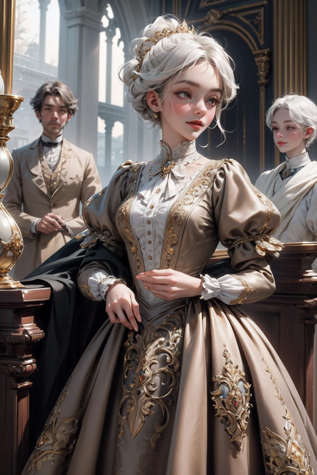 { - anatomy error}(Masterpiece - Ultra-detailed, very high resolution) Prepare to be enchanted by a true masterpiece that combines ultra-detailed art with high-resolution rendering. This work depicts a mesmerizing woman with short white hair (1.3) and captivating gray eyes (1.2), emanating an aura of elegance and mystery in Victorian settings. The intricate details and realistic textures invite you to explore every aspect of this enchanting composition. Woman wearing beautiful classic Victorian costume from the year 1878. Red lips. Happy face. Smiling. light brown (gold) dress. Walking, writing, lying down, standing, on your back, dynamic poses., upper body. dynamic poses. Get ready to dive into a world where beauty and craftsmanship merge perfectly.