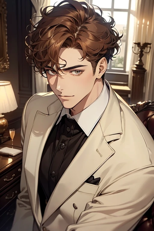 masterpiece, best quality, realistic, 1man, mature male, quiet and charming young man, 28 years old, adorable, closed mouth, portrait, extremely detailed face, soft smile, ((dark amber eyes)), ((short-sides-swept curly light brown hair)), [thick eyebrows], living-room, ((white suit))