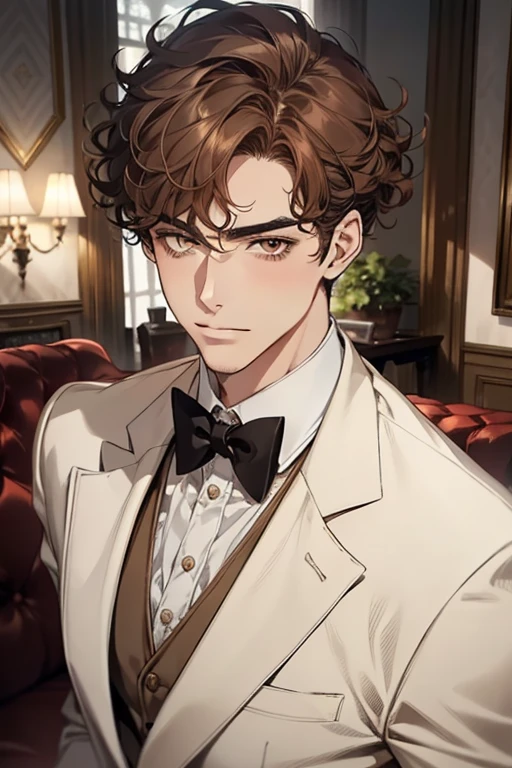 masterpiece, best quality, realistic, 1man, mature male, quiet and charming young man, 28 years old, adorable, closed mouth, portrait, extremely detailed face, soft smile, ((dark amber eyes)), ((short-sides-swept curly light brown hair)), [thick eyebrows], living-room, ((white suit))