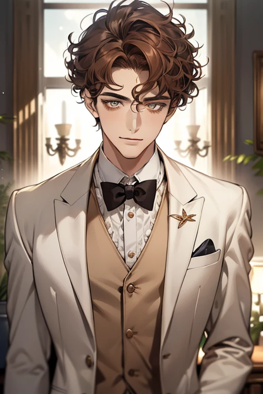 masterpiece, best quality, realistic, 1man, mature male, quiet and charming young man, 28 years old, adorable, closed mouth, portrait, extremely detailed face, soft smile, ((dark amber eyes)), ((short-sides-swept curly light brown hair)), [thick eyebrows], living-room, ((white suit))