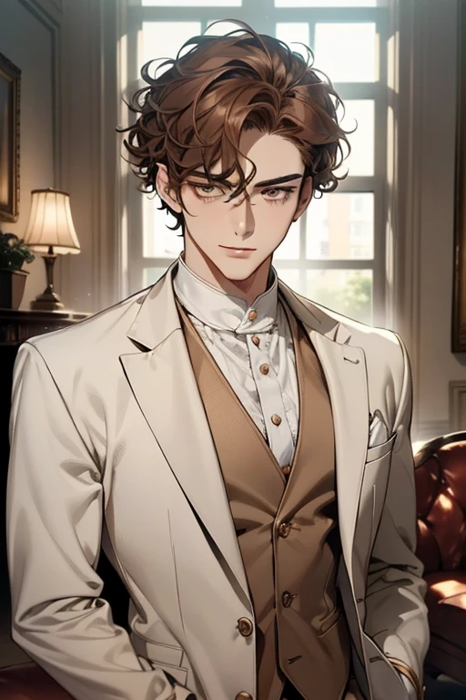 masterpiece, best quality, realistic, 1man, mature male, quiet and charming young man, 28 years old, adorable, closed mouth, portrait, extremely detailed face, soft smile, ((dark amber eyes)), ((short-sides-swept curly light brown hair)), [thick eyebrows], living-room, ((white suit))
