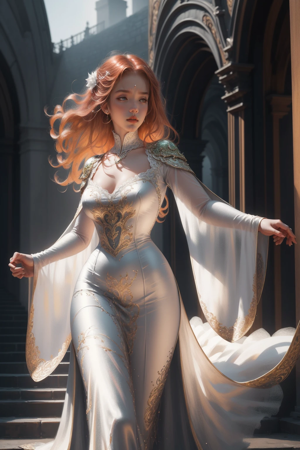 { - anatomy error} (Masterpiece - Ultra-detailed, very high resolution) Prepare to be enchanted by a true masterpiece that combines ultra-detailed art with high-resolution rendering. This work depicts a mesmerizing woman with very long redhead hair (1.3) and captivating gray-green eyes (1.2), emanating an aura of elegance and mystery in Victorian settings. The intricate details and realistic textures invite you to explore every aspect of this enchanting composition. Woman wearing beautiful classic Victorian costume from the year 1878. Red lips. Happy face. Smiling. white (white) dress. Walking, backwards, looking back, dynamic poses. Get ready to dive into a world where beauty and craftsmanship merge perfectly.