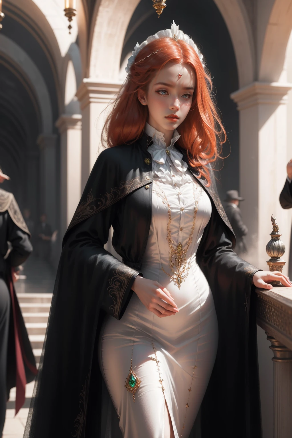 { - anatomy error} (Masterpiece - Ultra-detailed, very high resolution) Prepare to be enchanted by a true masterpiece that combines ultra-detailed art with high-resolution rendering. This work depicts a mesmerizing woman with very long redhead hair (1.3) and captivating gray-green eyes (1.2), emanating an aura of elegance and mystery in Victorian settings. The intricate details and realistic textures invite you to explore every aspect of this enchanting composition. Woman wearing beautiful classic Victorian costume from the year 1878. Red lips. Happy face. Smiling. white (white) dress. Walking, backwards, looking back, dynamic poses. Get ready to dive into a world where beauty and craftsmanship merge perfectly.