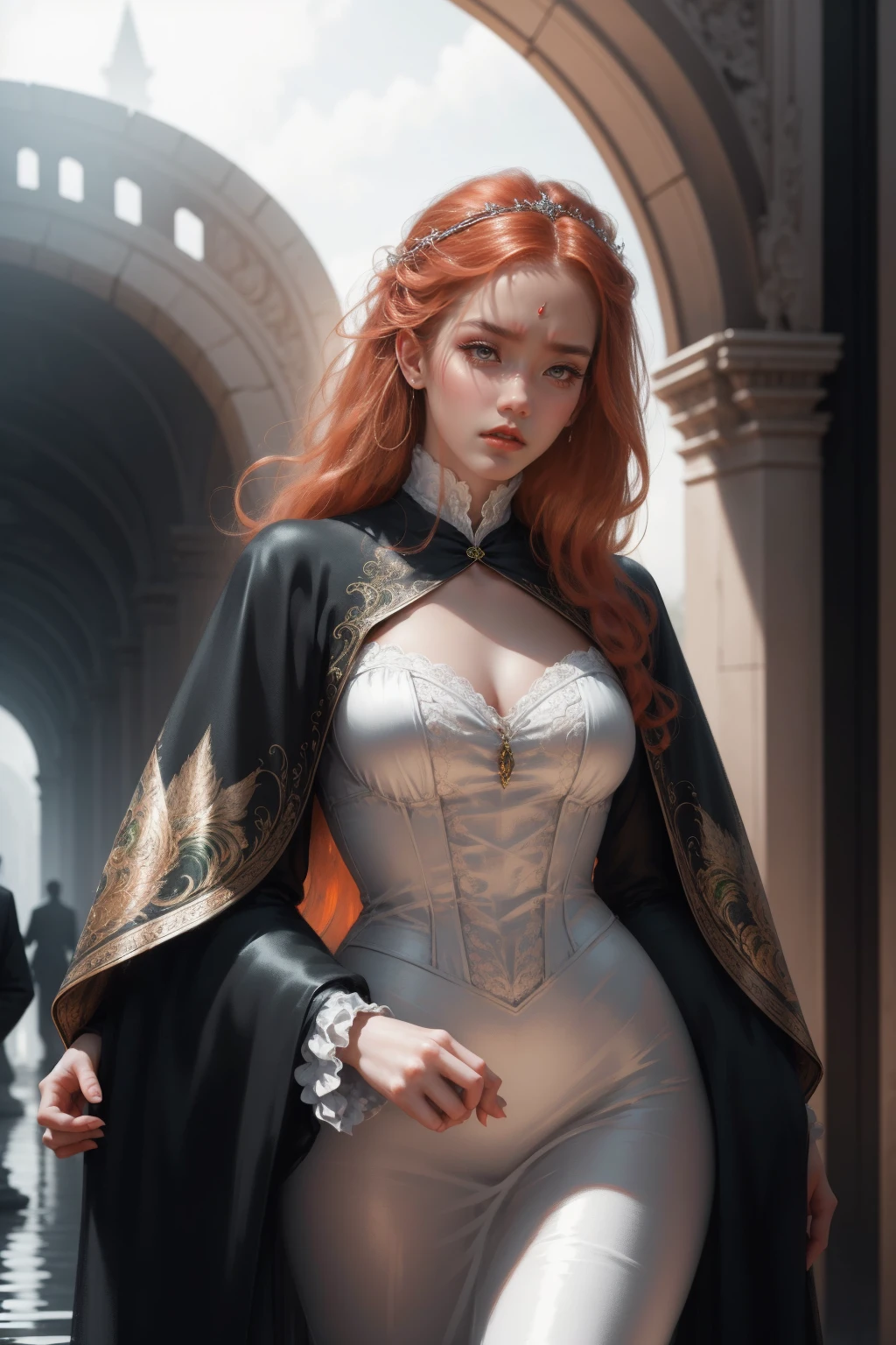 { - anatomy error} (Masterpiece - Ultra-detailed, very high resolution) Prepare to be enchanted by a true masterpiece that combines ultra-detailed art with high-resolution rendering. This work depicts a mesmerizing woman with very long redhead hair (1.3) and captivating gray-green eyes (1.2), emanating an aura of elegance and mystery in Victorian settings. The intricate details and realistic textures invite you to explore every aspect of this enchanting composition. Woman wearing beautiful classic Victorian costume from the year 1878. Red lips. Happy face. Smiling. white (white) dress. Walking, backwards, looking back, dynamic poses. Get ready to dive into a world where beauty and craftsmanship merge perfectly.
