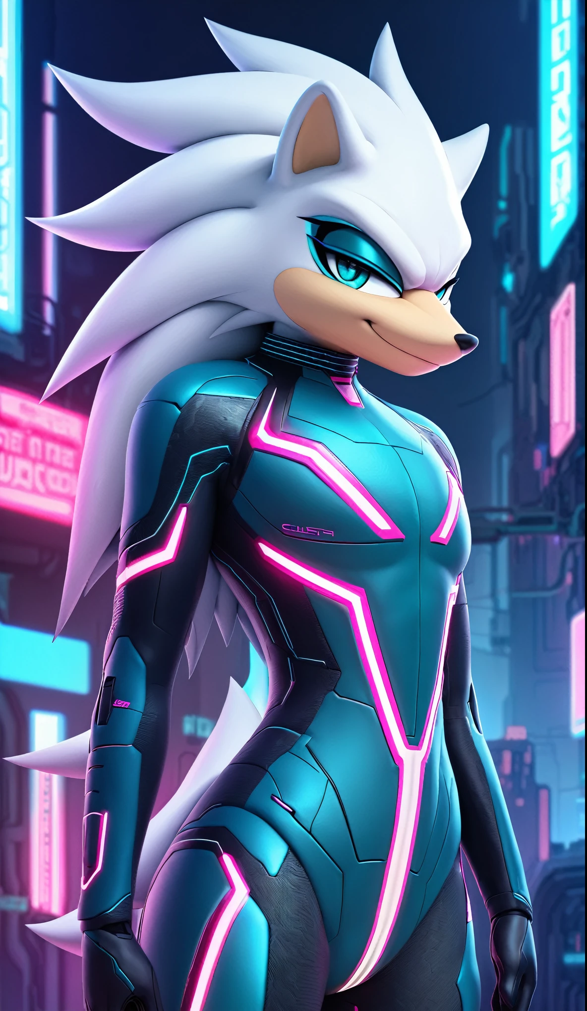 (((masterpiece:1.5, 4K, 8K))), a full body high quality digitally drawn rendered image ((by SEGA)) of A solo male anthro ((silver—white hedgehog)), with glowing blue eyes, ((metallic blue eyeliner:1.5)), (((tan muzzle))), wearing a (((sci-fi bodysuit))) stands in a neon-lit cyberpunk city The android's bodysuit is adorned with (((teal coloring:1.5))) with (((neon pink and black accents))), and intricate android seams, creating a futuristic look. the android has a seductive smirk on his face