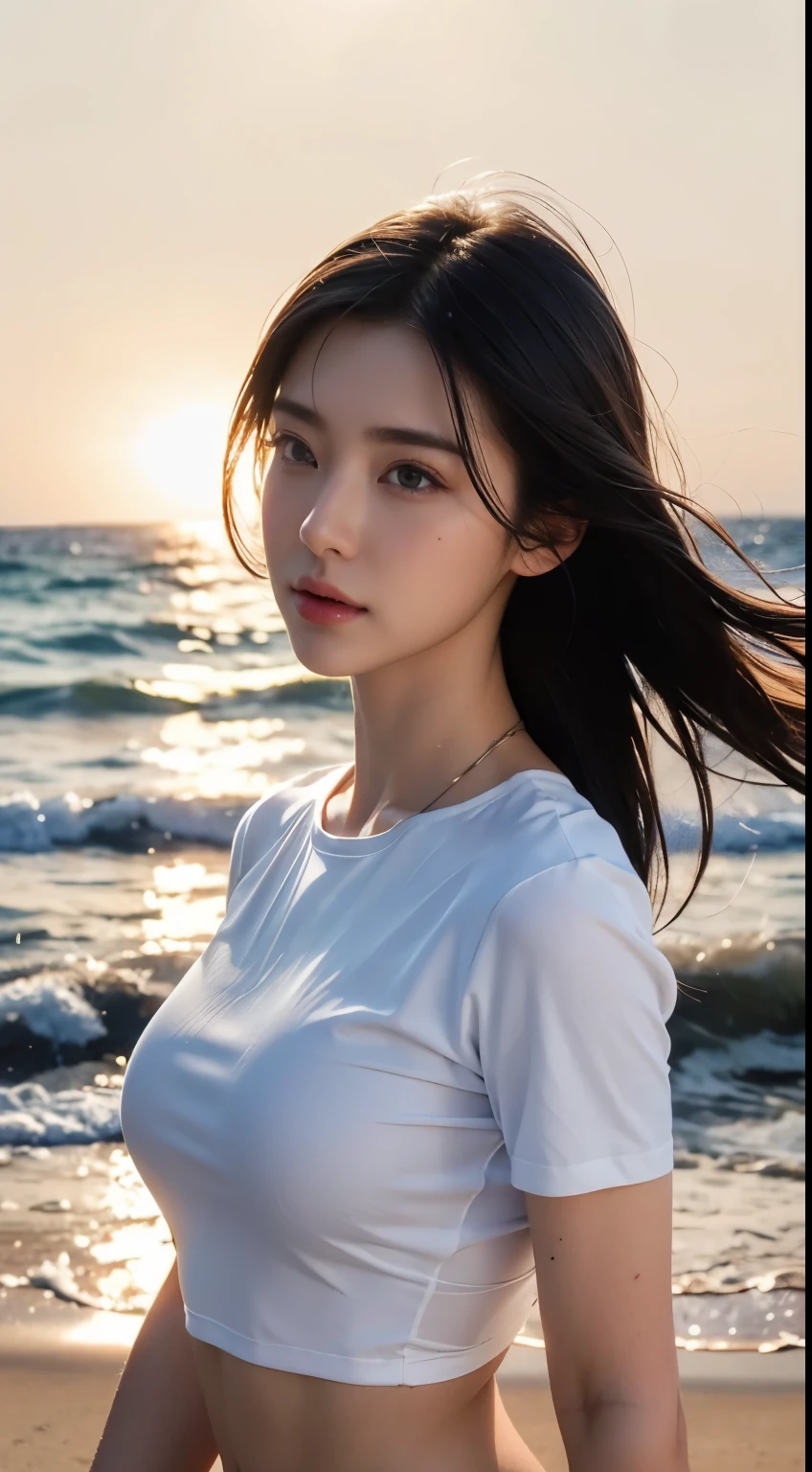 (logo、masterpiece、8k、Tabletop、RAW Photos、wonderful、最high quality、Photorealistic and Very detailed CG integrated 8k wallpaper、high quality、Very detailed、Narrative poem、Particle Effects、Dynamic Effects、Written boundary depth、Cinematic Light、Lens flare、Ray Tracing)、Fantasy、 (One beautiful woman、White pants、White T-shirt、White tube top、White crop top、Black-haired、Beautiful Face、True Face、Beautiful details、eye、Beautiful Skin、Ultimate Body、glamorous)、私の髪はWindに舞う、Hair flutters in Wind、Hair bounces、Seaside、wonderful景色、Coastal、sunrise、Sun in the background、Wind、Beach