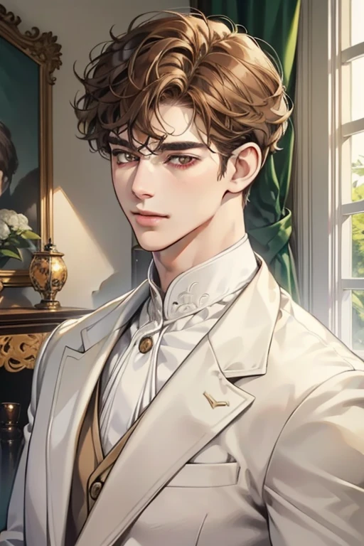 masterpiece, best quality, realistic, 1man, mature male, quiet and charming young man, 28 years old, adorable, closed mouth, portrait, extremely detailed face, soft smile, ((dark amber eyes)), ((short-sides-swept curly light brown hair)), [thick eyebrows], living-room, ((white suit))