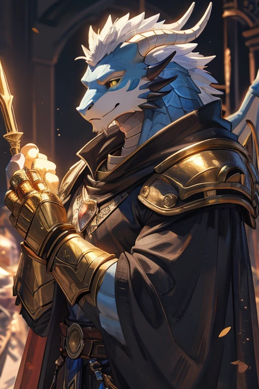 Draconato branco, your eyes are yellow, longos chifres, nas suas sobrancelhas longas penas vermelhas se misturam com as escamas, wears an armor shoulder pad along with the gauntlet on his left arm and a black cape with gold details along with the shoulder pad