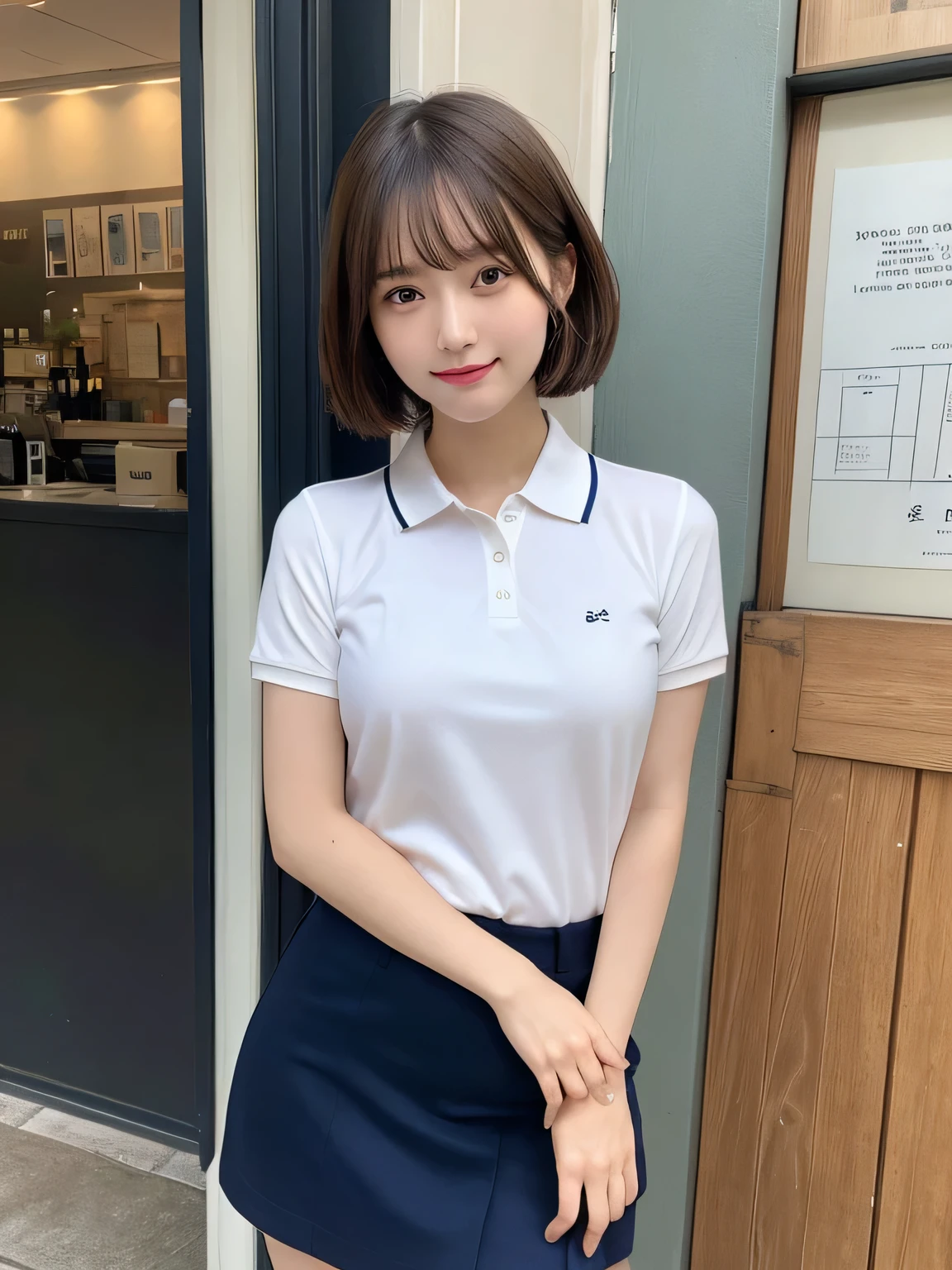 highest quality、Blonde、figure、 Blonde、Ultra-detailed、High resolution、8k wallpaper、Perfect dynamic composition,、Beautiful fine details、Natural color lip、Bold sexy pose、smile、、cute、Sexy shot looking at the camera、(highest quality: 1.3), (masterpiece: 1.3), (Super Detail: 1.3), (One Girl: 1.1), (Detailed hands and fingers:1.2)、(Ultra-oily, lustrous skin with attention to detail:1.1)、Oily shiny knee socks、(Navy blue polo shirt:1.3)、slender、sexy、(Beautiful shapely small breasts:1.3)、(Red mini skirt:1.2)、I can see your thighs、Brown Hair、Very short hairstyle、Beautiful sister、Yellow wall,sexy、I can see your thighs、