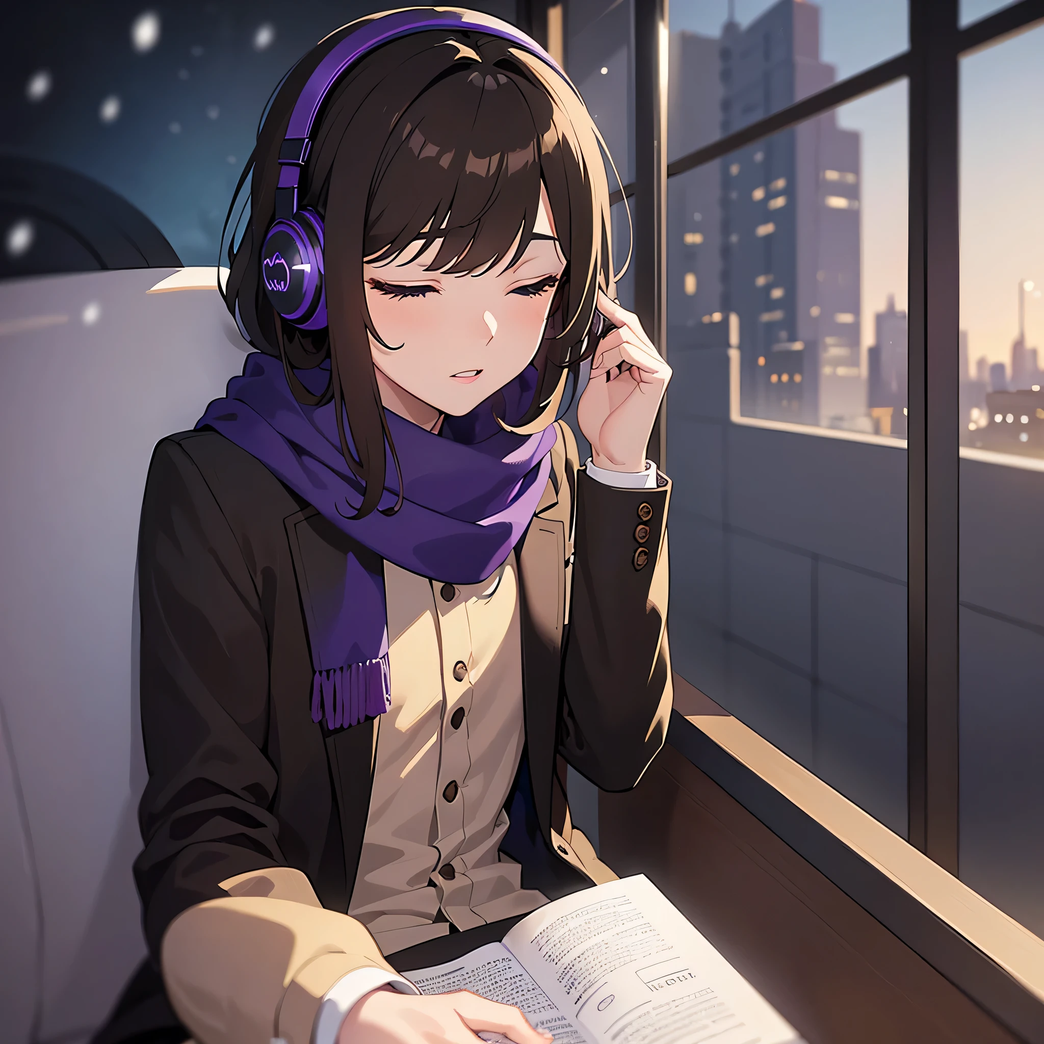 (masterpiece, best quality, ultra-detailed, best shadow) a boy, brown hair, listen to music, sitting, eyes closed, purple scarf, black suit, headphone ((cinematic light)), colorful, hyper detail, dramatic light, intricate details, young, snowing, bus-area, outside