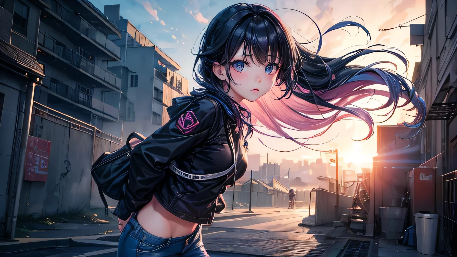 Cute girl,Pink and light blue hair, Cinema Lighting, 超High resolution, Accurate, Super detailed, Textured skin, High detail, 最high quality, 8k,Thin bangs, Detailed Hair,Focus on the face,Graffiti WallHIP-HOP Fashion,Lost jeans,Alley,,(:1.5)、Anime-style hero、Black-haired、Composition of an overhead view of the uniform、Cloudy,Thick Fog、moon,It was chaotic. city of the future、Dystopia、Dim lighting、It was chaotic.、Beautiful and fantastic scenery、Cinematic landscape、high quality、Tabletop,In 8K、High resolution、big