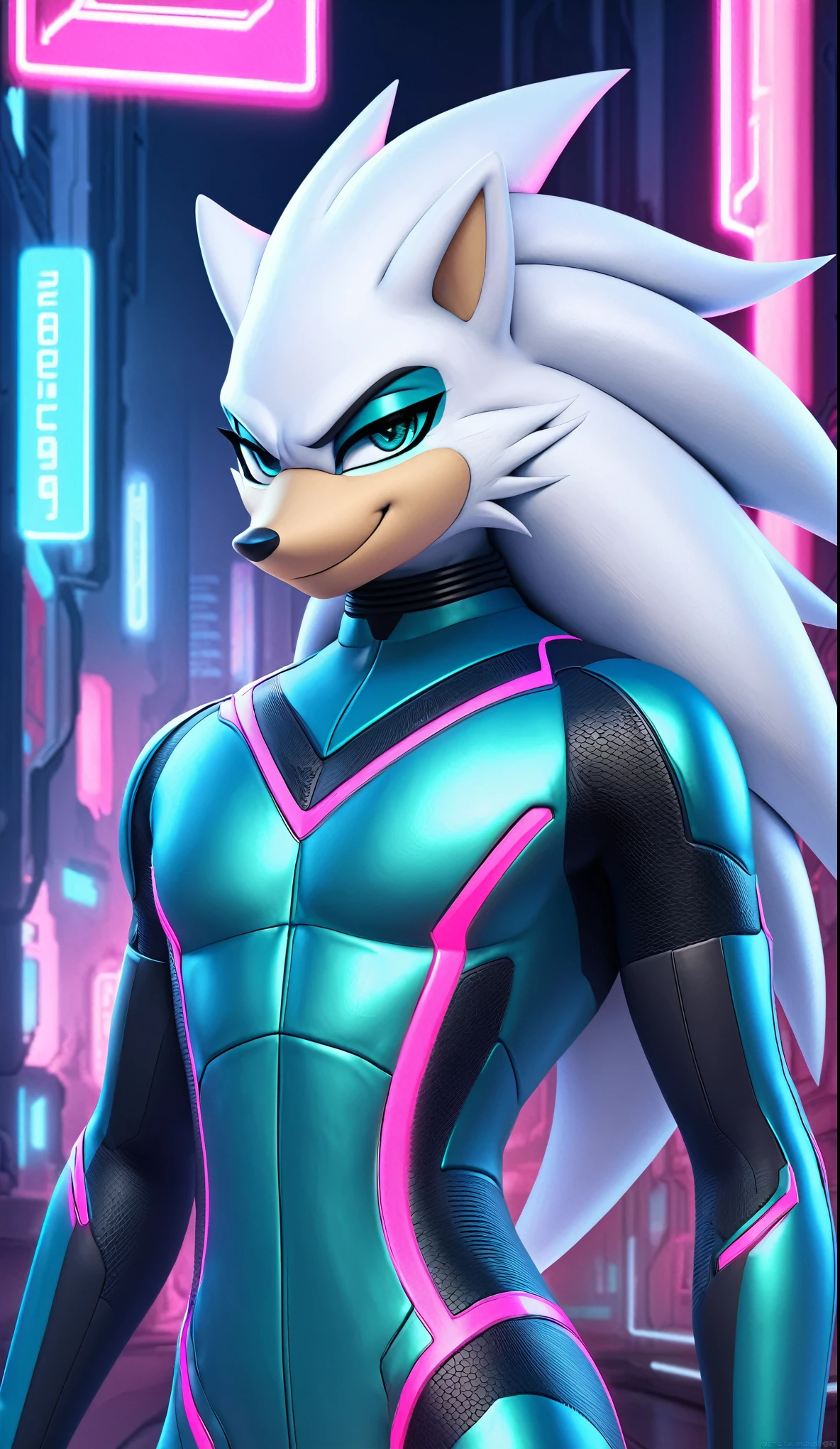(((masterpiece:1.5, 4K, 8K))), a full body high quality digitally drawn rendered image ((by SEGA)) of A solo male anthro ((silver—white hedgehog)), with glowing blue eyes, ((metallic blue eyeliner:1.5)), (((tan muzzle))), wearing a (((sci-fi bodysuit))) stands in a neon-lit cyberpunk city The android's bodysuit is adorned with (((teal coloring:1.5))) with (((neon pink and black accents))), and intricate android seams, creating a futuristic look. the android has a seductive smirk on his face
