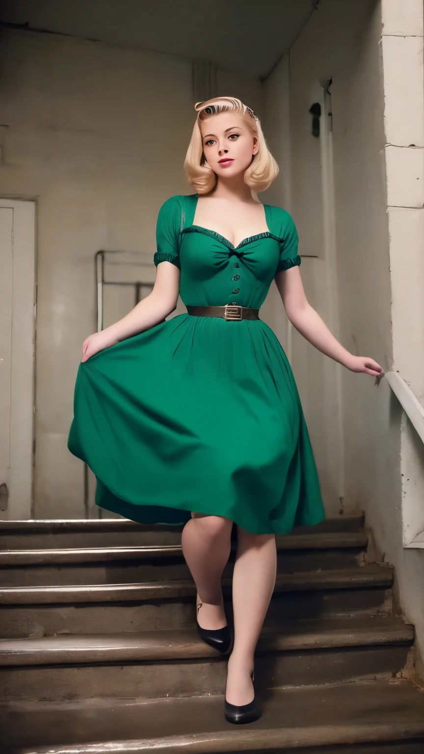 there is a woman that is standing on some stairs, a portrait inspired by Evaline Ness, tumblr, renaissance, dressed like in the 1940s, 1950s vibes, she wears a dark green dress, 5 0 s style, 50s style, ww2 era, 1940s, 1 9 5 0 s style
