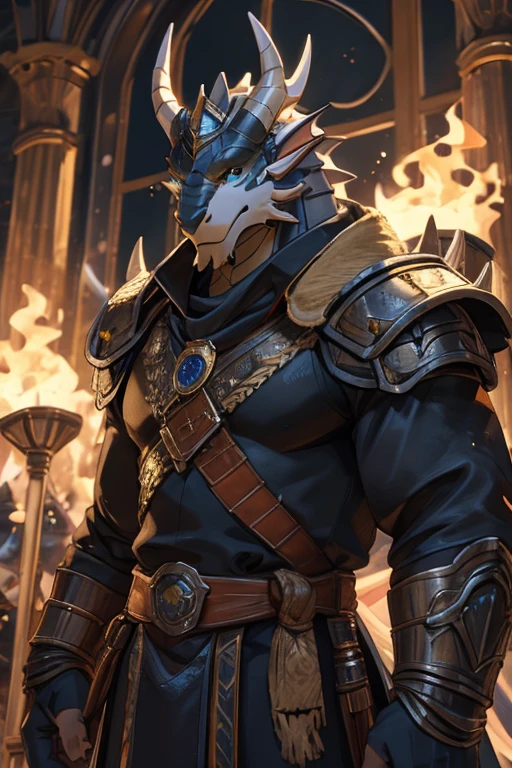 Draconato branco, seus olhos azuis, longos chifres, longas penas vermelhas se misturam com as escamas, wears an armor shoulder pad along with the gauntlet on his left arm and a black cape with gold details along with the shoulder pad, armadura de metal negro com detalhes dourados, musculoso mas gordo