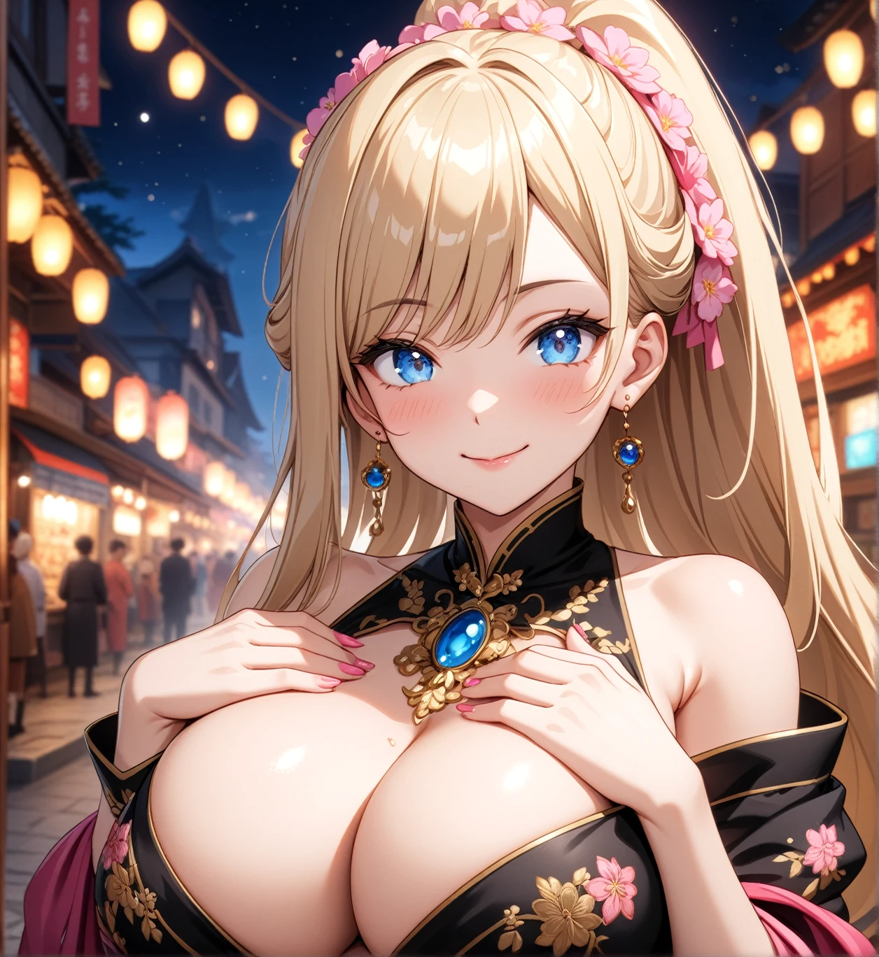 ((one personの女の子)), Beautiful smile,Very happy expression,smile,Glossy lips,Abstract, night,Festival food sexpensives, ((Anime style background)),masterpiece, highest quality, so beautiful, Absurd, Latest, Complex details, (Pink long nails),AI-generated, Complex,High resolution, highest quality, super high quality,3D Images、View your viewers、3D Images,one person,Long Blonde Hair,High Ponytail,blue eyes,Anime woman posing for a photo, [[fine grain、Colorful eyes、Shining Eyes:1.15]],(Squint your eyes:1.1),a hyperRealistic , hyperRealistic , Realistic , Blonde anime woman with long hair, Smooth anime CG art, A colorful courtesan with gold embroidery, Black kimono,Pink floral pattern,Flower Hair Ornaments,Earrings,(Big Breasts:1.3),Mature Body,expensive,Big Ass,Fine details,Abdominal muscles,Tilt your face,Pinch your chest with both hands