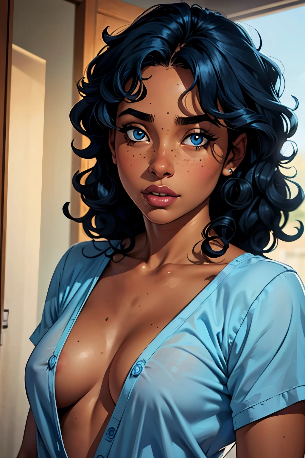 One girl, dark_skin, light-blue_eyes, curly_hair, black_hair, pecas, thick_lips, small_breasts