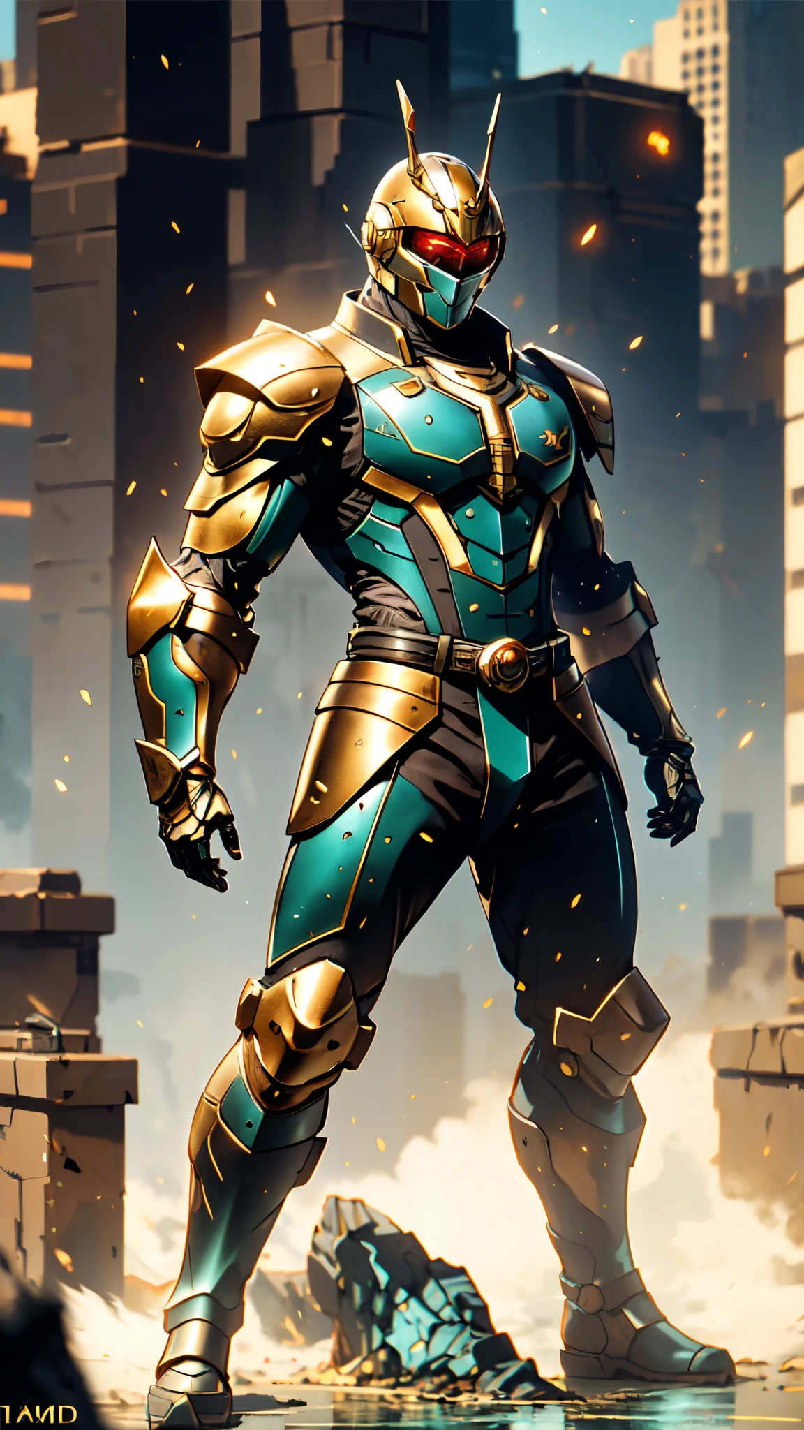 A man wearing a full-face helmet, a fantasy-style biotech armored combat suit, green eyes, (a composite layered chest armor), fully enclosed shoulder guards, matching arm and leg guards, the belt is adorned with Sunstone, (the color scheme is primarily Aquamarine with red and white accents), the design balances heavy with agility, a high-tech bio-mecha armor, (Armor Concept Inspired by Samurai, stand on the top of a skyscraper in a futuristic sci-fi city), this character embodies a finely crafted fantasy-surreal style armored hero in anime style, exquisite and mature manga art style, (battle damage, element, plasma, energy, the armor glows), ((male:1.5)), metallic, real texture material, dramatic, high definition, best quality, highres, ultra-detailed, ultra-fine painting, extremely delicate, professional, perfect body proportions, golden ratio, anatomically correct, symmetrical face, extremely detailed eyes and face, high quality eyes, creativity, RAW photo, UHD, 32k, Natural light, cinematic lighting, masterpiece-anatomy-perfect, masterpiece:1.5