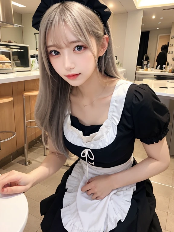 Beautiful and beautiful eyes, Natural Lip,dress,Japanese,1 person,Silver Hair,Silver Hair,Long Hair,maid Cafe,Calm interior,Maid clothes