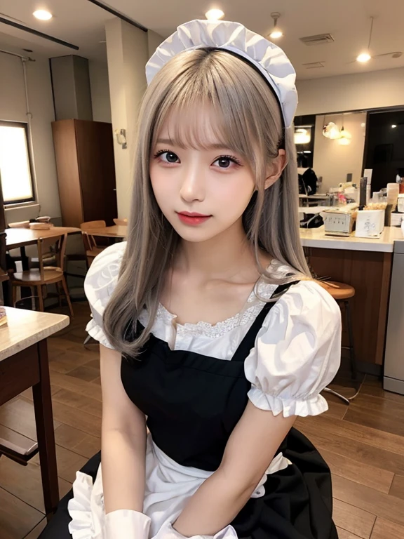 Beautiful and beautiful eyes, Natural Lip,dress,Japanese,1 person,Silver Hair,Silver Hair,Long Hair,maid Cafe,Calm interior,Maid clothes