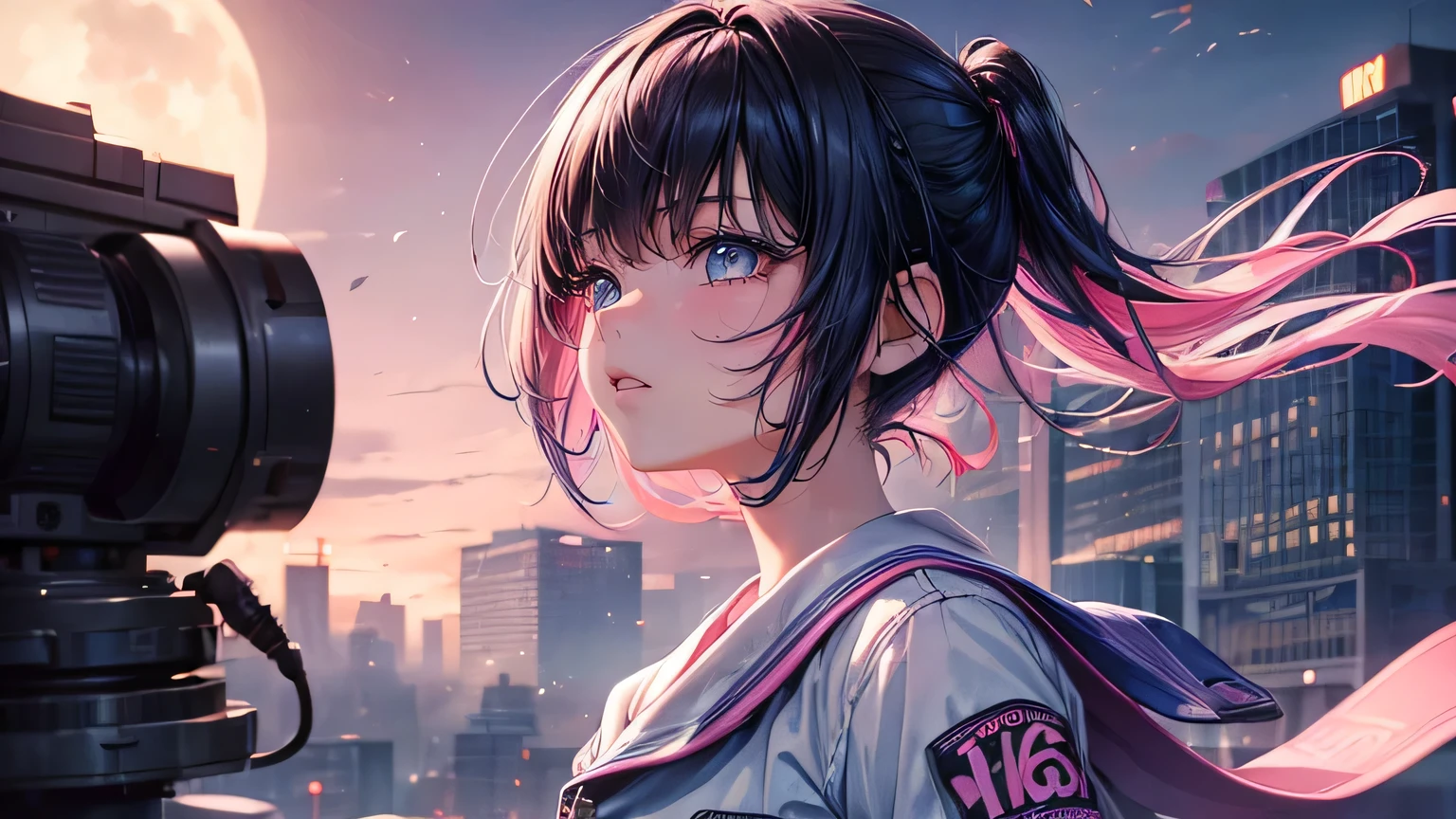 Cute girl,Pink and light blue hair, Cinema Lighting, 超High resolution, Accurate, Super detailed, Textured skin, High detail, 最high quality, 8k,Thin bangs, Detailed Hair,Focus on the face,Graffiti WallHIP-HOP Fashion,Ripped short jeans,(-yeld gi1.5)、Anime-style hero、Black-haired、Cloudy,Thick Fog、moon,It was chaotic. city of the future、Dystopia、Dim lighting、It was chaotic.、Beautiful and fantastic scenery、Cinematic landscape、high quality、Tabletop,In 8K、High resolution、big
