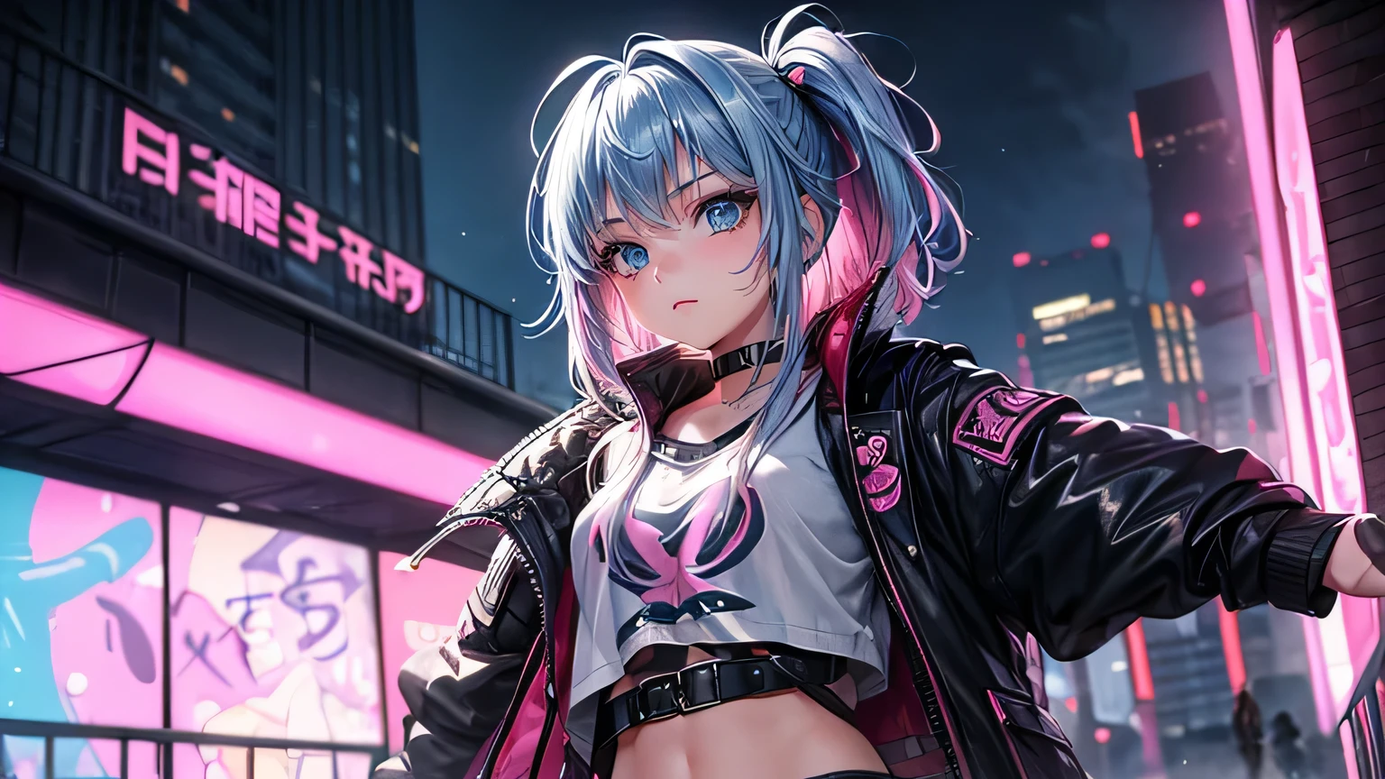 Cute girl,Pink and light blue hair, Cinema Lighting, 超High resolution, Accurate, Super detailed, Textured skin, High detail, 最high quality, 8k,Thin bangs, Detailed Hair,Focus on the face,Graffiti WallHIP-HOP Fashion,Ripped short jeans,(:1.5)、Anime-style hero、Black-haired、Cloudy,Thick Fog、moon,It was chaotic. city of the future、Dystopia、Dim lighting、It was chaotic.、Beautiful and fantastic scenery、high quality、Tabletop,In 8K、High resolution、big、Midnight City、
