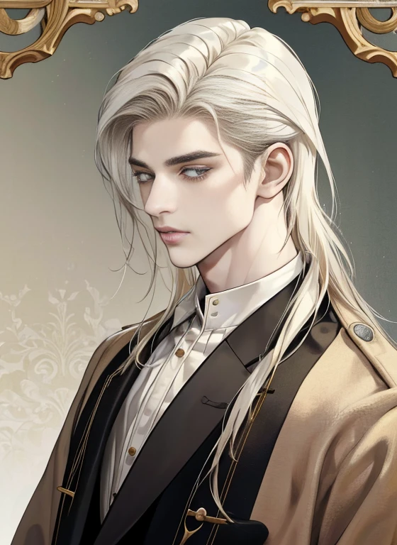Retrato de um homem na casa dos 20 anos, Homem de 28 anos, misterioso, melancholy, standing, Acima da cintura, hands down, ((beige three piece suit)), ((cabelo entre os olhos)), cabelo lateral comprido, franja, ((Olhando para o visualizador)), Messy hair, Hair to the shoulders, cabelo bege, Pale skin, olhos castanhos escuros, (((gender neutral))), Game Graphics, fundo branco, Late 19th century