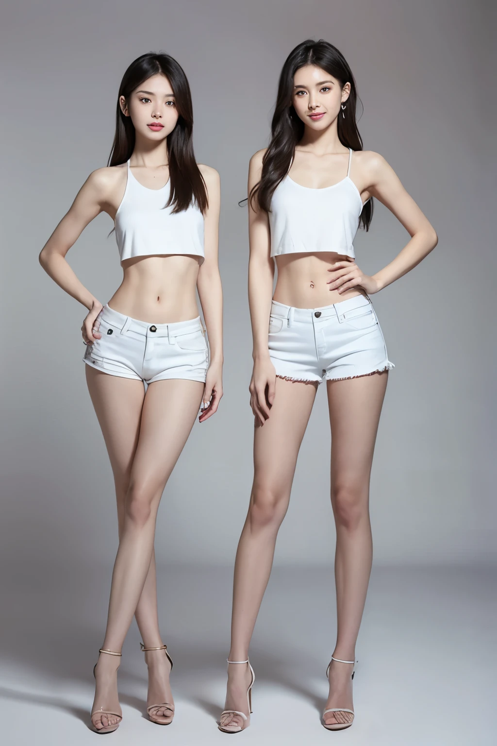 (highest quality, HD masterpiece: 1.3), concentrated: 1.2, (Two beautiful women with perfect bodies): 1.2, Super thin waist: 1.2, Hips: 1.2, (( Fashion short straight distribution: 1.5, )), (Wet clothes: 1.1) , (Both of them are wearing white summer mini short sleeveless tops): 1.1, ( Denim super mini shorts, Open the navel, perfect thin thighs: 1.2), Highly detailed face and skin texture,((整ったeye)),Beautiful nose, fine eye, double eyelid, White skin, smile: 1.2, happiness: 1.2, teeth, tongue, eye, Lip gloss, Ultra-Realistic Details, Wide Lighting, Natural Shadows, (((((Both of them take full body shots))))): 1.8，Ultra slim，Long legs，(((Both of them have an inseam that is more than half their height.)))，(Very small hips)，Extremely thin legs，long thighs，(Skinny thighs)，Super muscular body，Super toned waist,More emphasis on the abdominal muscles，((Both of them are muscular and have clearly defined six pack abs.))，Super thin waist，((White high heels))，(barefoot)，(tall)，Extremely slim model figure，Attention posture，(((Both of them are highly exposed)))，lengthen limbs，((Standing pose with heels together))，Both of them stand with their heels together，Height: 175cm，Both are tall，Both are high school girls，I can see your chest,Round eyes，(Beautiful nose)，(((Resting posture)))，15 years old,Hands on hips,Both of them face forward，Standing in matching white heels,(Both of them have their whole body facing forward.),Long hands，Thin hands，Align your thighs,(Both of them are extremely slim)，Standing still，(((Beautiful legs similar to IVE&#39;s WONYOUNG))),(Both of them have their whole body facing forward.),((Black Hair)),（((Black Hairのロングヘアー))),Both of them stand up straight.,((Both people stretch their legs out straight)),(((Both people stand with their legs shoulder-width apart and stretched out.))),(She has a Japanese idol face and is super cute),顔の両eyeと鼻と口のバランスが綺麗に整っている,両eyeが綺麗な自然体,Beautiful natural nose,Point your hips forward and move them forward a little.,バレーボール選手くらいの激やせtall,Both of them are beautiful with a 9-head body proportion.,Make your ankles thinner,Arms are thinner and more muscular,Slimmer legs and more muscle,Make your arms thinner,Longer arms,Super slim yet muscular legs,Both of them have superhumanly long legs.,The middle of the thighs are very thin,Super slim but super muscular calves,Fair skin,Super slim but with super muscular thighs,The waist is very tight,(Both of them have an inseam that is more than half their height.),The base of the thighs is extremely thin,(Both of them are wearing extreme summer mini shorts.),Both of them are wearing tiny mini camisoles like bikinis.,Fair and smooth skin,Fair and firm skin,Both of them were wearing tiny denim shorts that looked like bikinis.,(((Both of them should fit from the top of their heads to the toes of their heels.))),Both of them are skinny but have beautiful muscular legs.,Both of them have skinny bodies.,information