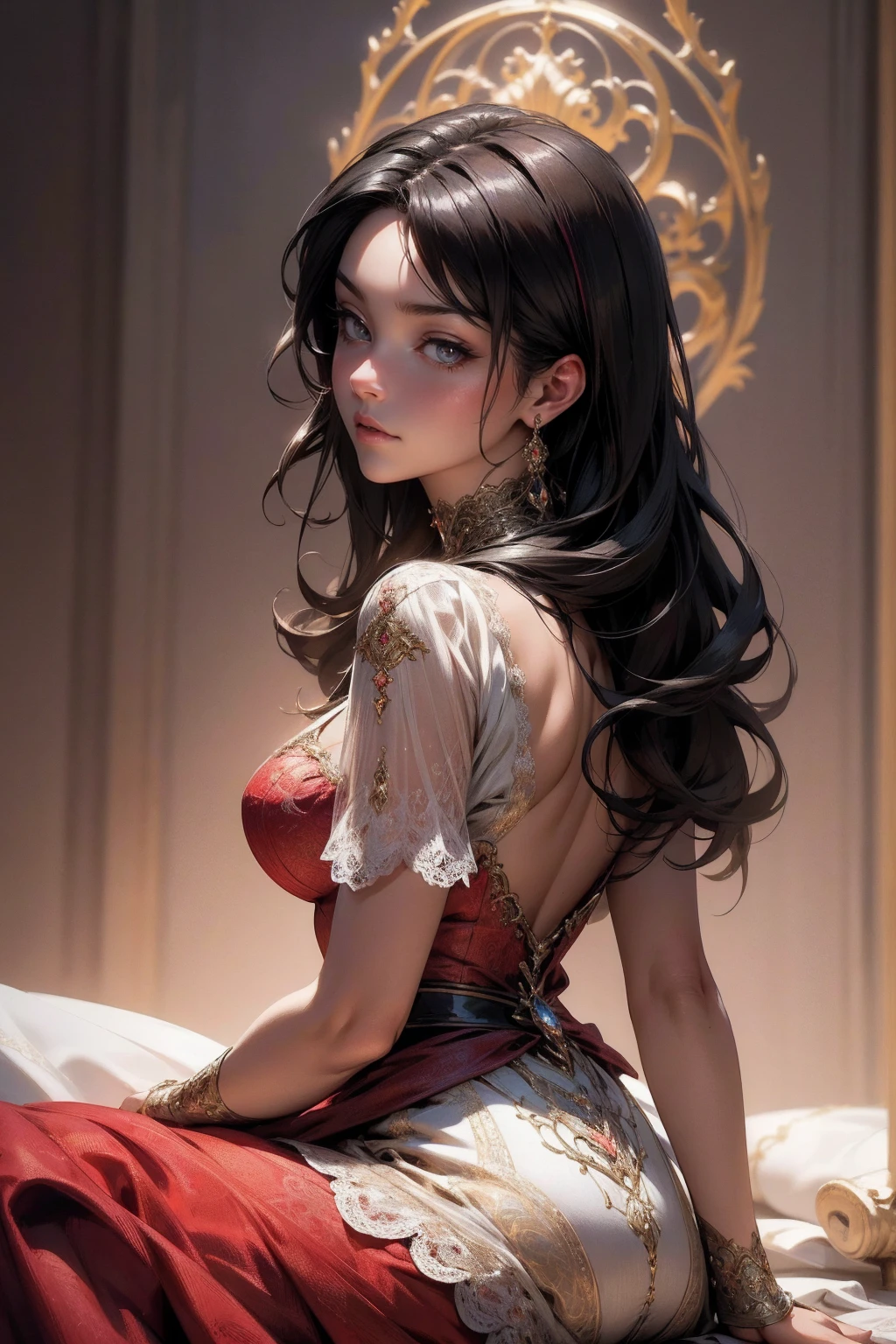 {-erro_de_anatomia:1.0}(best quality,4k,8k,highres,masterpiece:1.2), ultra-detailed, (realistic,photorealistic,photo-realistic:1.37), mature milf, illyasviel von einzbern, black hair, upper body, vibrant colors, glowing skin, mesmerizing eyes, brown eyes, elegant pose, enchanting background, delicate lace dress, red dress, surreal lighting, ethereal atmosphere, mystical aura, intricate details, artistic medium, digital illustration, fantasy, anime, sitting on the floor, backwards, looking back