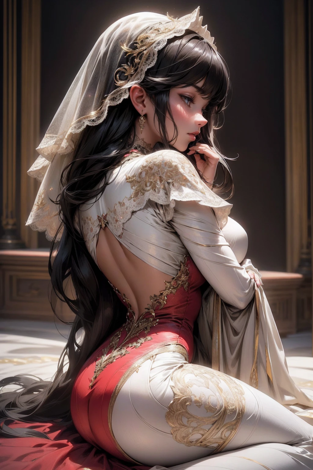 {-erro_de_anatomia:1.0}(best quality,4k,8k,highres,masterpiece:1.2), ultra-detailed, (realistic,photorealistic,photo-realistic:1.37), mature milf, illyasviel von einzbern, black hair, upper body, vibrant colors, glowing skin, mesmerizing eyes, brown eyes, elegant pose, enchanting background, delicate lace dress, red dress, surreal lighting, ethereal atmosphere, mystical aura, intricate details, artistic medium, digital illustration, fantasy, anime, sitting on the floor, backwards, looking back