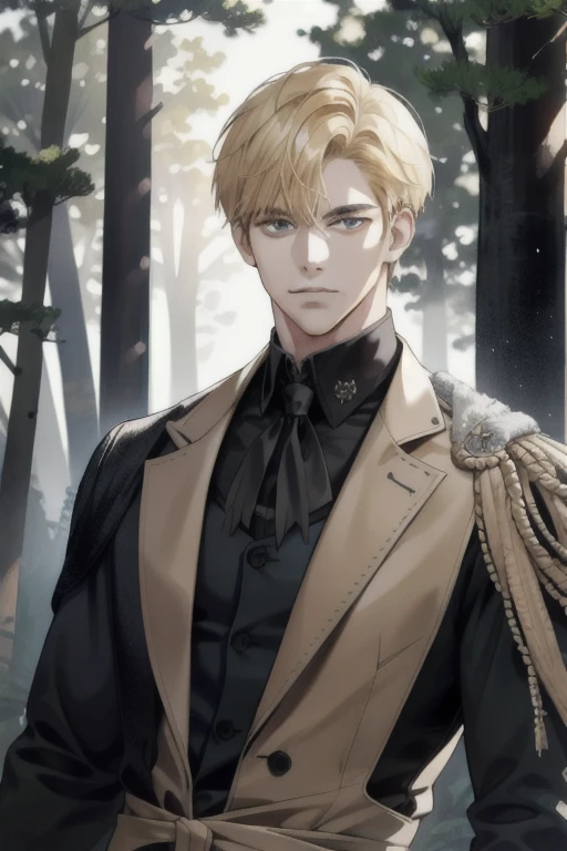 (absurd, highres, ultra detailed), 1 male, solo, young, high muscular face, broad shoulders, handsome, angular jaw, thick neck, BREAK, looking at the viewer, short blonde hair, amber eyes, long sleeves, nevaa forest, natural light and shadow, depth of field, upper body, crow over shoulder, stylish clothes, black gloves, front