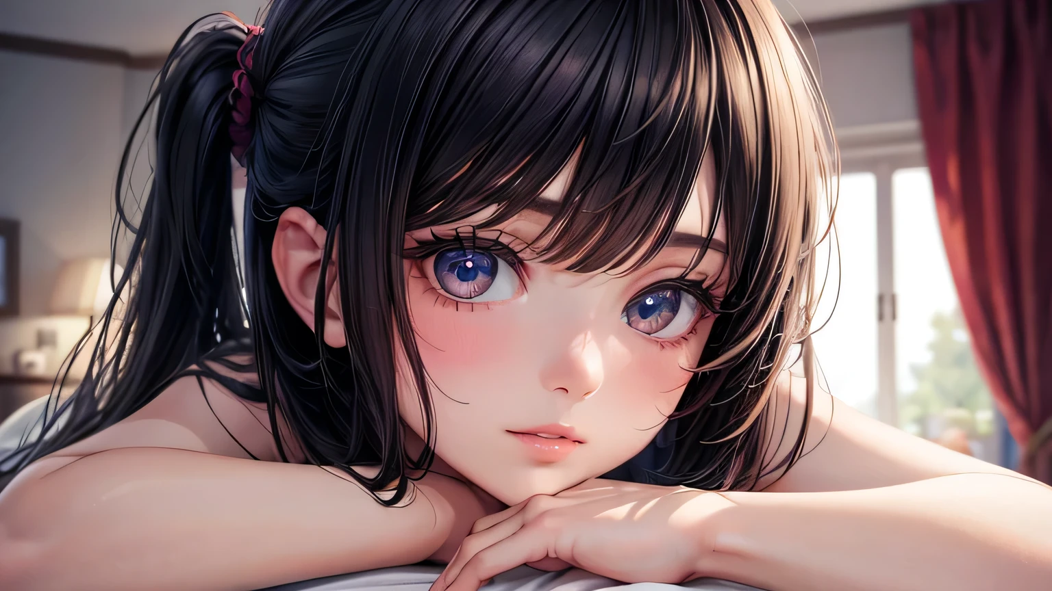 Girl relaxing in her room,Ultra-high resolution, Accurate, Super detailed, Textured skin, High detail, highest quality, 8k,Thin bangs, Detailed Hair,Focus on the face,
