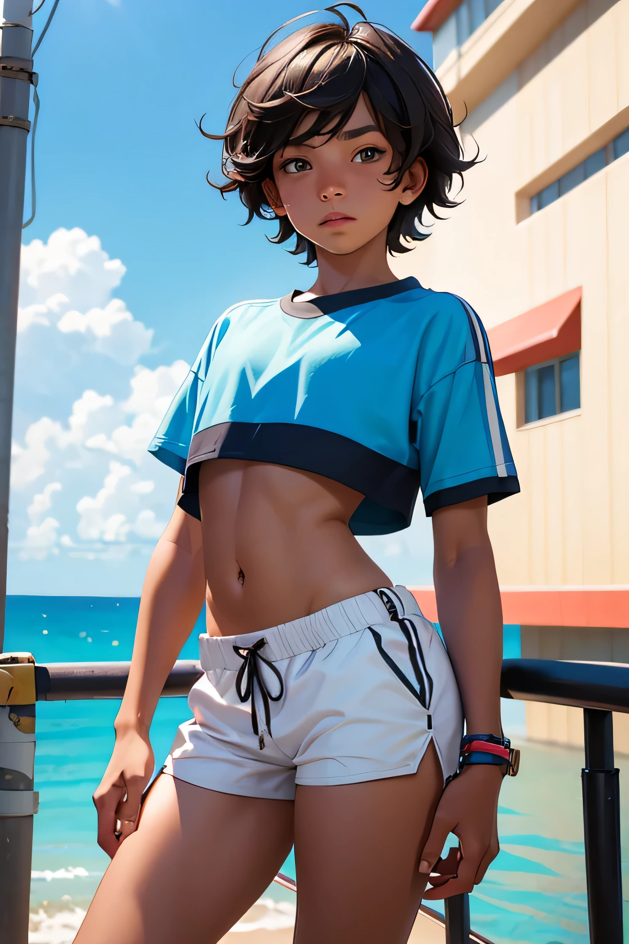 boy 14 yy wears a crop shirt and too very short mini shorts, hot summer, boy flirty posing, highest quality,