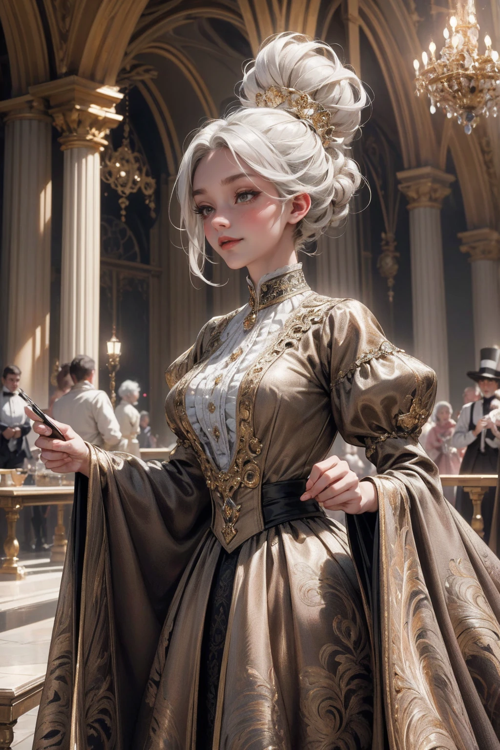{ - anatomy error}(Masterpiece - Ultra-detailed, very high resolution) Prepare to be enchanted by a true masterpiece that combines ultra-detailed art with high-resolution rendering. This work depicts a mesmerizing woman with short white hair (1.3) and captivating gray eyes (1.2), emanating an aura of elegance and mystery in Victorian settings. The intricate details and realistic textures invite you to explore every aspect of this enchanting composition. Woman wearing beautiful classic Victorian costume from the year 1878. Red lips. Happy face. Smiling. light brown (gold) dress. Walking, writing, lying down, standing, on your back, dynamic poses., upper body. dynamic poses. Get ready to dive into a world where beauty and craftsmanship merge perfectly.