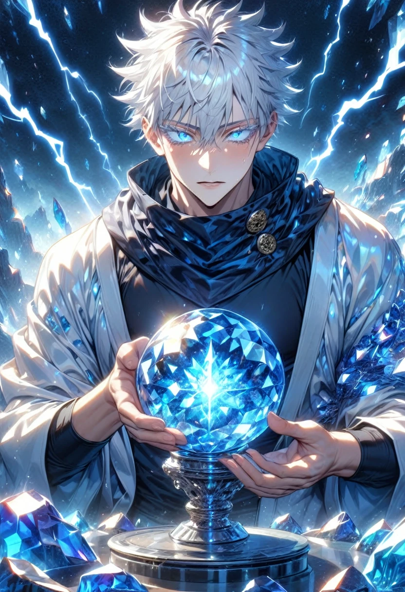 absurdres, highres, ultra detailed, HDR, master piece, best quality, (character trapped inside a crystal ball) Gojo Satoru, white hair, with bangs, hair between the eyes, expressive blue eyes, white eyelashes, Jujutsu Kaisen, solo, sexy man, handsome, white haori, black tight shirt, black scarf, fantasy magical background, sparkling, shining, purple lightning, floating round lights, starry, void