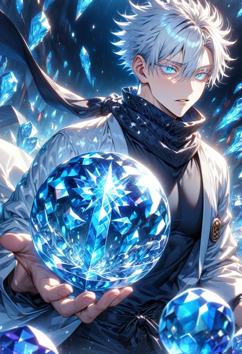 absurdres, highres, ultra detailed, HDR, master piece, best quality, (character trapped inside a crystal ball) Gojo Satoru, white hair, with bangs, hair between the eyes, expressive blue eyes, white eyelashes, Jujutsu Kaisen, solo, sexy man, handsome, white haori, black tight shirt, black scarf, fantasy magical background, sparkling, shining, purple lightning, floating round lights, starry, void