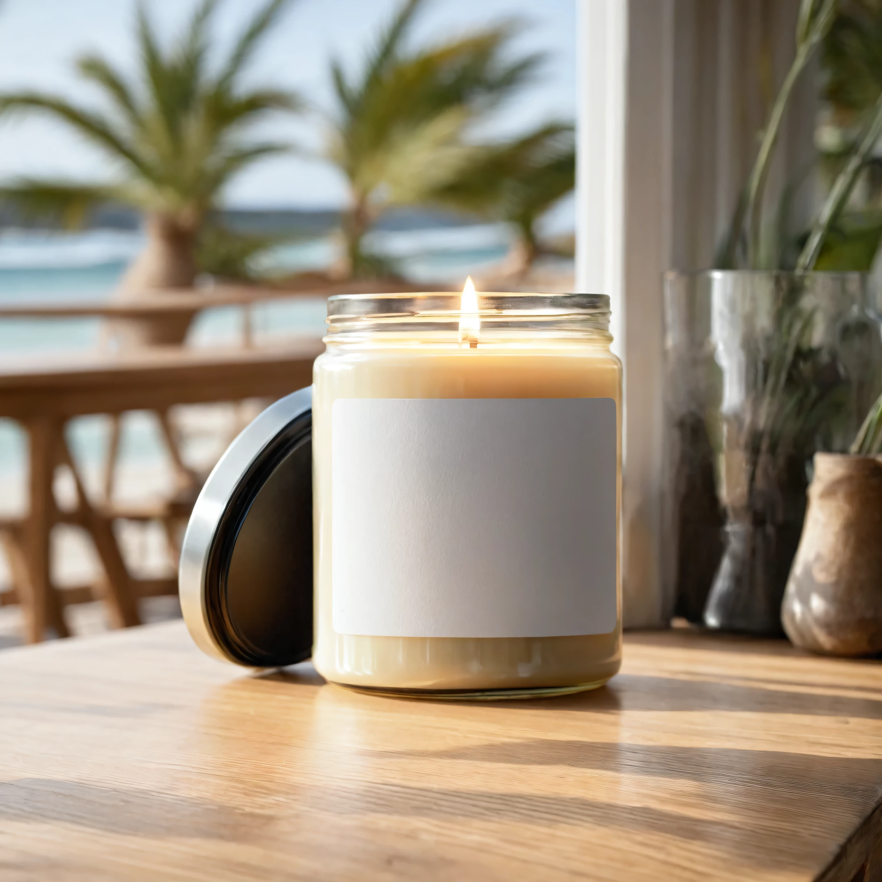 Mockup empty, a blank beige candle in a jar with white label and black lid standing on a wooden table in a sunny beachhouse, professional photo, shot on 50mm lens, sony a7 camera, daylight, shallow depth of field,