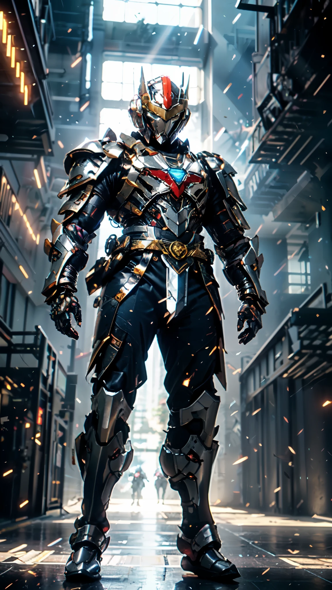 A man wearing a full-face helmet, a fantasy-style biotech armored combat suit, green eyes, (a composite layered chest armor), fully enclosed shoulder guards, matching arm and leg guards, the belt is adorned with Sunstone, (the color scheme is primarily Aquamarine with red and white accents), the design balances heavy with agility, a high-tech bio-mecha armor, (Armor Concept Inspired by Samurai, stand on the top of a skyscraper in a futuristic sci-fi city), this character embodies a finely crafted fantasy-surreal style armored hero in anime style, exquisite and mature manga art style, (battle damage, element, plasma, energy, the armor glows), ((male:1.5)), metallic, real texture material, dramatic, high definition, best quality, highres, ultra-detailed, ultra-fine painting, extremely delicate, professional, perfect body proportions, golden ratio, anatomically correct, symmetrical face, extremely detailed eyes and face, high quality eyes, creativity, RAW photo, UHD, 32k, Natural light, cinematic lighting, masterpiece-anatomy-perfect, masterpiece:1.5