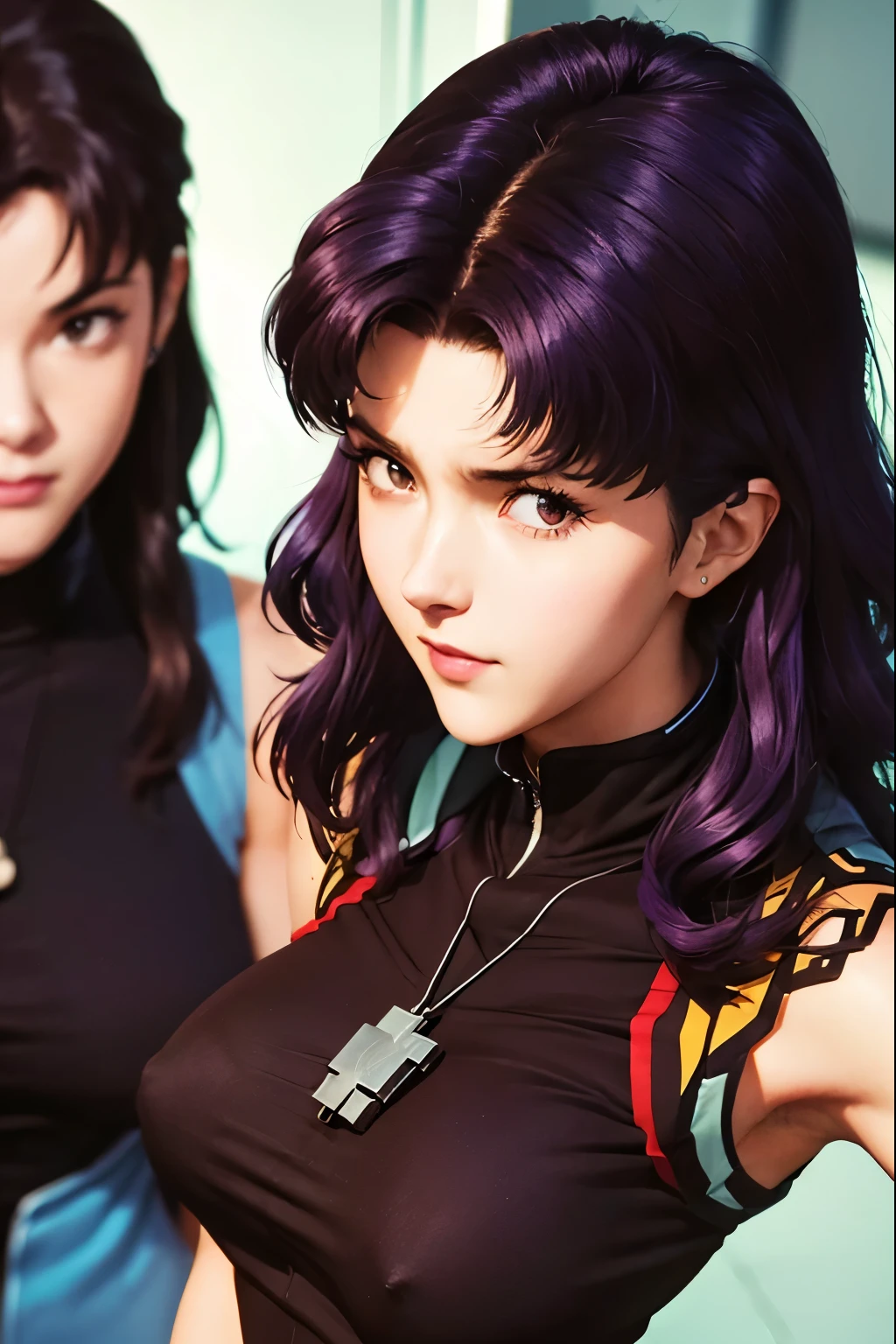 1 Female, clothing: black bodycon,Mid-breasted、 Short tight black dress, (((Brown eyes))), Purple Hair, Medium Hair, Laughter, Cross Necklace, expensive, The body is slim, (Hmph), (((Misato katsuragi))), Nerve、Operation and control room, (((Front view))), View Viewer, Perfectly detailed face, Detailed hands and fingers, Masterpiece 1.1, Trending on Art Station, pixiv quality, (((Fine art:jaw))), Exquisitely crafted, Ultra Graphics, sfw version, (((Mature 1.1))), clothing: Jacker, Red jacket, Symmetrical face、
