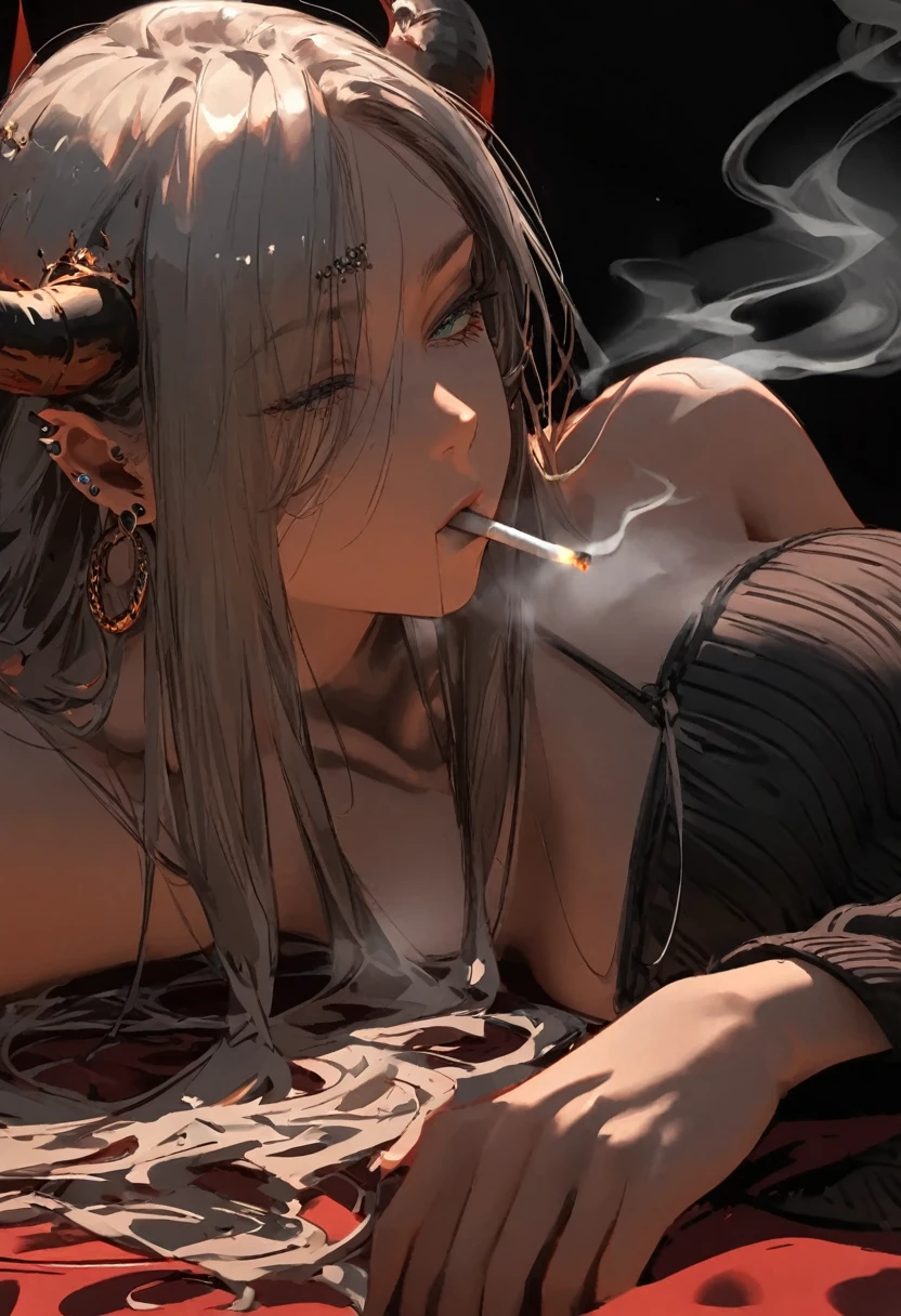 a succubus rapidly smoking cigarettes, piercings, devil horns, rapidly smoking cigarettes, sucking very hard on cigarette, deeply inhaling, the cigarette ash is growing very long, the cigarette ash is very long, SMOKE IN MOUTH, lots of cigarette ash, 