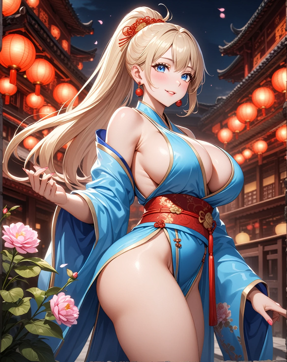 ((One girl)), Beautiful Face,Very happy expression,Blushing,Glossy Lips,Abstract, night,Chinese court, ((Anime style background)),masterpiece, highest quality, so beautiful, Absurd, up to date, Complex details, (Pink long nails),AI-generated, Complex,High resolution, highest quality, super high quality,3D Images、View the viewers、3D Images,one person,Long Blonde Hair,High Ponytail,blue eyes,Anime woman posing for a photo, [[Fine grain、Colorful eyes、Shining Eyes:1.15]],(Squint your eyes:1.1),a hyperRealistic , hyperRealistic , Realistic , Blonde anime woman with long hair, Smooth anime CG art, Beautiful Chinese court lady, Kimono of the Chinese Imperial Court,Gorgeous and vibrant light blue outfit,Flower Hair Ornaments,Earrings,(Large Breasts:1.4),Mature Body,tall,Big Ass,Fine details,Abdominal muscles,Look back,Stick your butt out