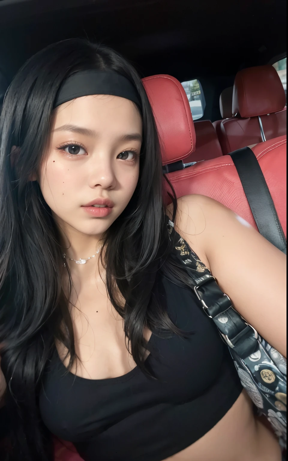 Jennie BlackPink cropped in a black blouse and a black headband, jennie blackpink, Retrato de jennie BlackPink sentada no carro dela, imagem vazada, 18 anos de idade, face like exposed ester, 2 modelo feminino de 4 anos, JENNIE BLACKPINK, jennie blackpink face, angelical,, jennie blackpink